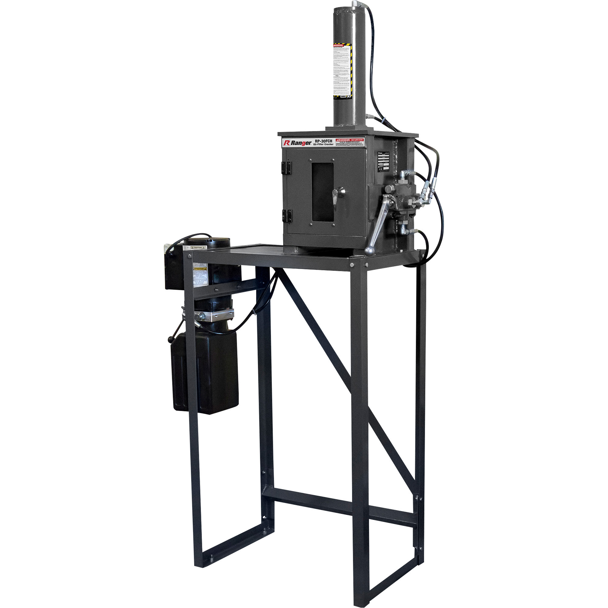 Ranger Products Electro/Hydraulic Oil Filter Crusher, 15-Ton Capacity, 42 1/2in.W x 17in.D x 75in.H